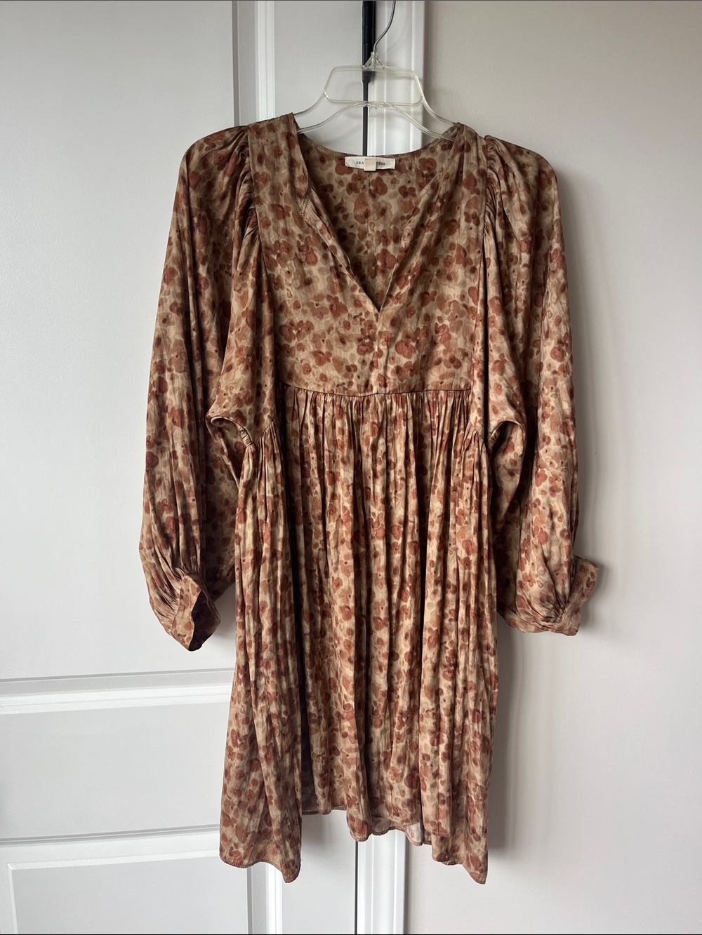 Brown Floral V-Neck Mini Dress with Gathered Waist